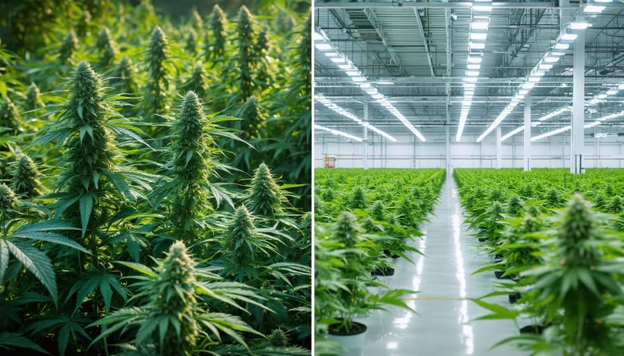 Split image showing traditional Indigenous hemp cultivation methods alongside modern industrial CBD farming operations in Canada, highlighting the contrast between sustainable practices and industrial approaches.