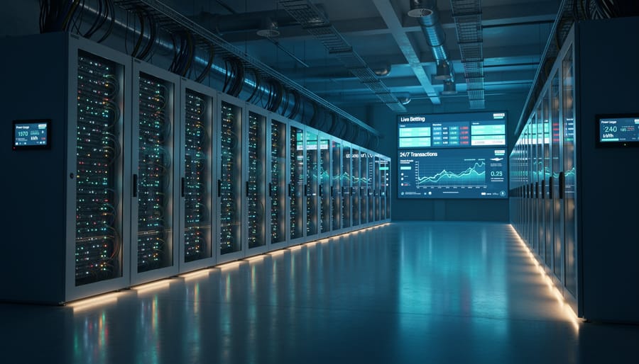 Server racks in large data center facility with blue lighting