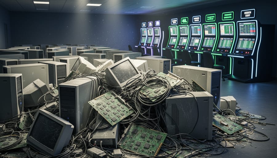 Pile of discarded electronic circuit boards and computer components representing e-waste