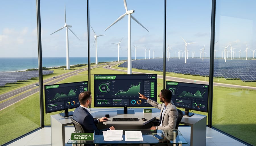 Solar panels and wind turbines representing renewable energy solutions for digital operations