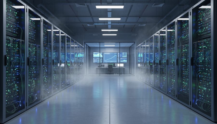 Industrial data center with rows of illuminated server racks extending into distance