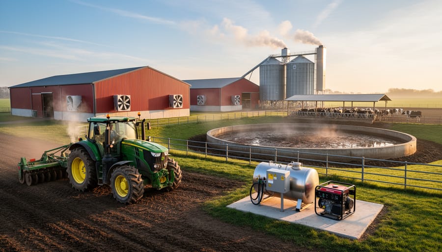 A tractor working near a farm area with muddy ground and barns in the background.