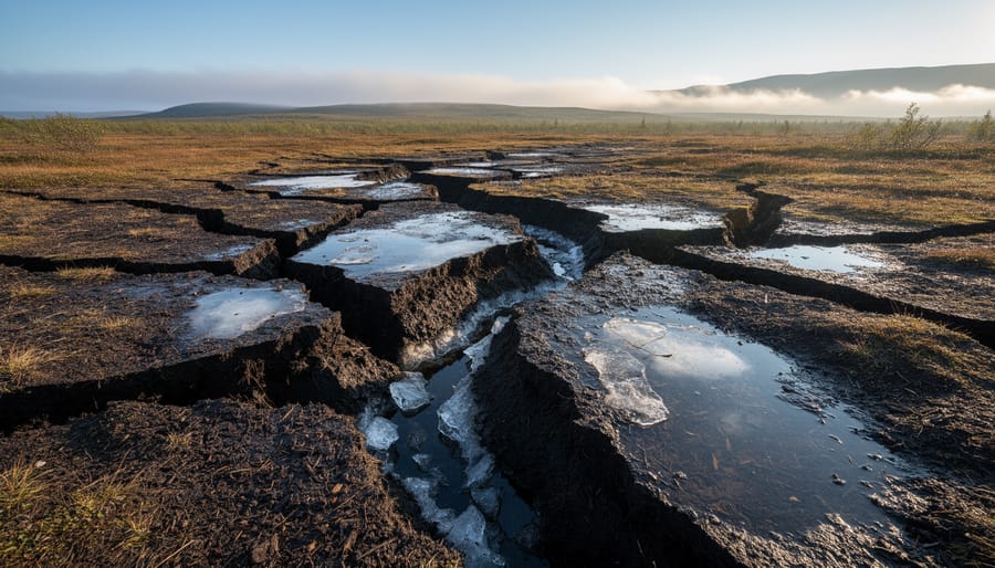 Close-up of cracked permafrost ground with exposed ice patches