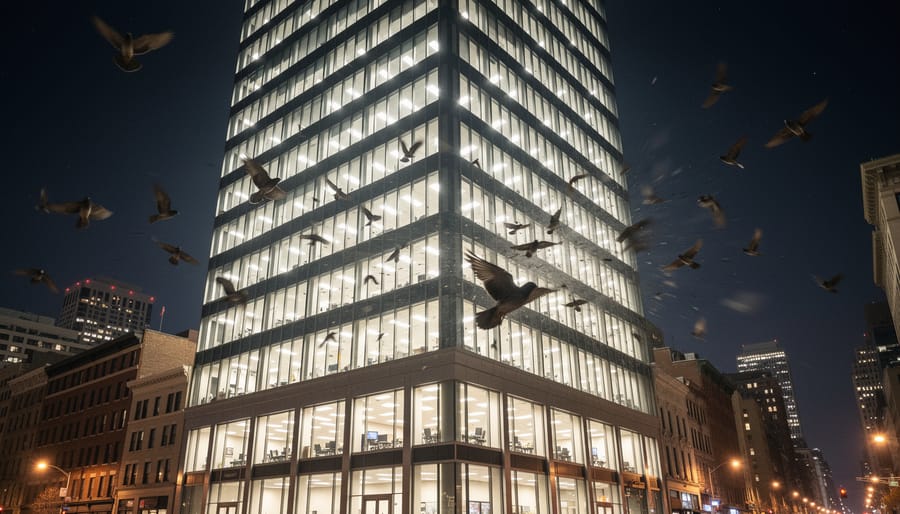 Small birds near a lit building window at night with artificial light reflecting on the glass.