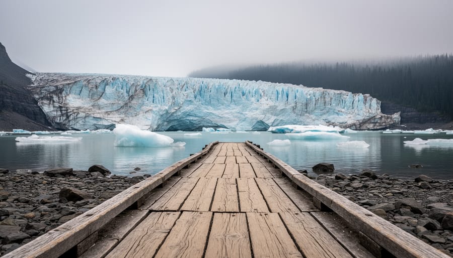 Wide ground-level view of a Canadian landscape showing retreating glacier ice meeting calm water, with a smoky wildfire haze over distant forest under an overcast sky.