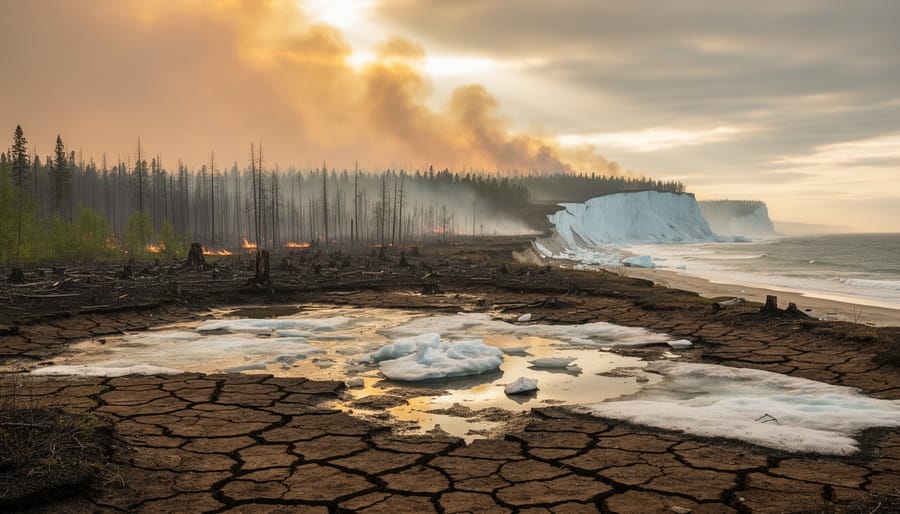 Ground-level view of cracked melting permafrost in the foreground, wildfire smoke over a scorched boreal forest, and an eroding icy-blue coastal shoreline in the distance under dramatic sunlight.