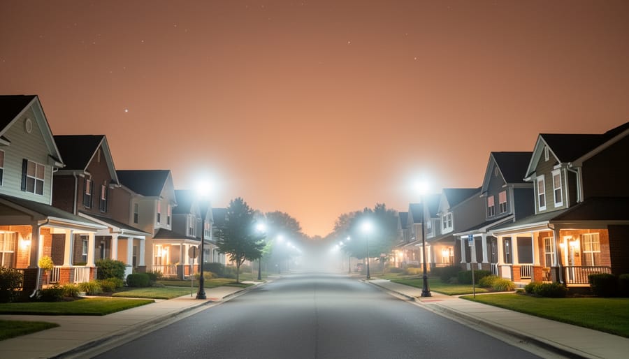 Nighttime view of a neighborhood where bright streetlights create a hazy light glow in the sky.
