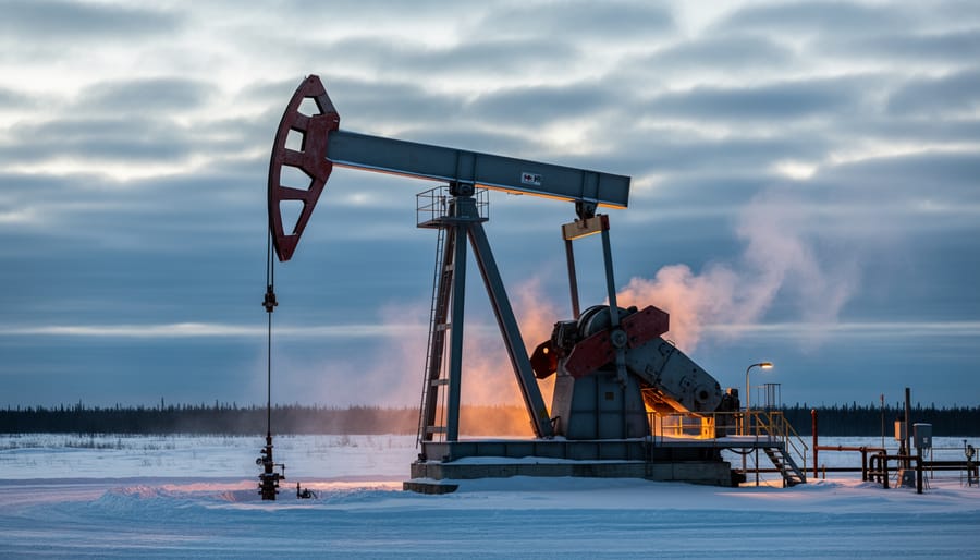 Oil-and-gas pumpjack in a snowy Canadian landscape with heat haze and drifting smoke rising into cloudy sky, representing greenhouse gas impacts.