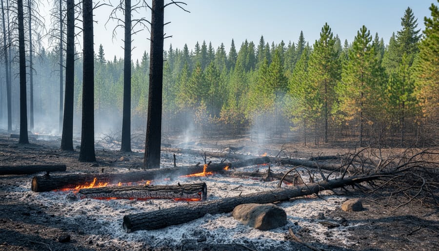 Scorched Canadian forest with smoke haze and orange fire glow in the distance