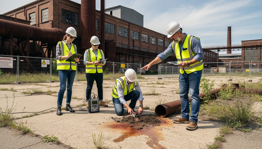 Environmental consultants inspecting a boarded former industrial site with safety gear