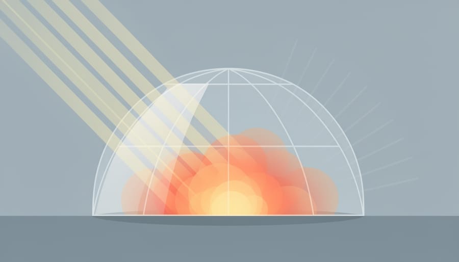A clear glass jar captures glowing sunlight in a cool room, symbolizing heat trapping like the greenhouse effect.