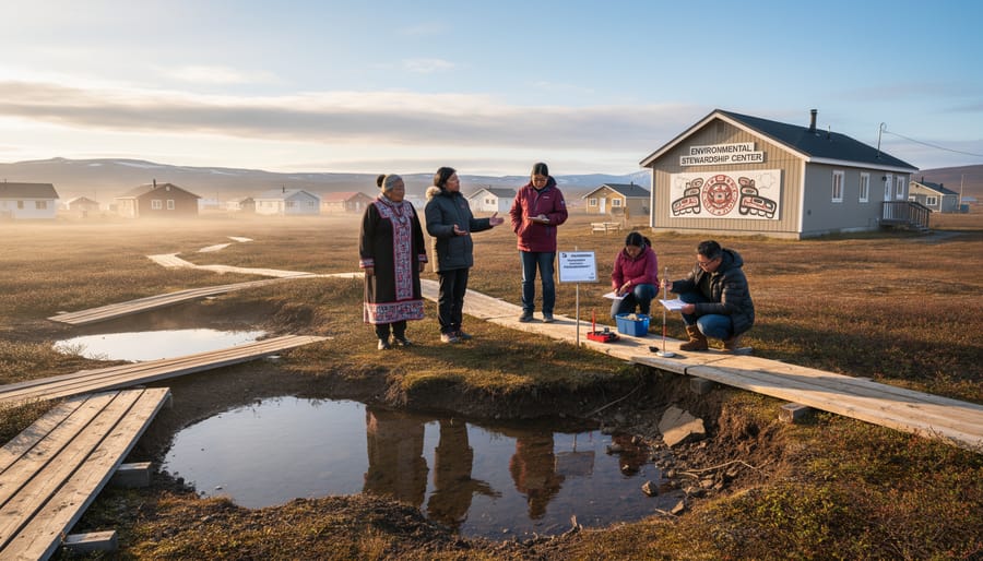 Indigenous community member in winter clothing near exposed thawing permafrost on the tundra.