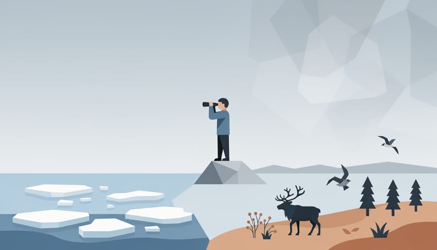 Indigenous observer standing near a shoreline with melting ice while studying the environment