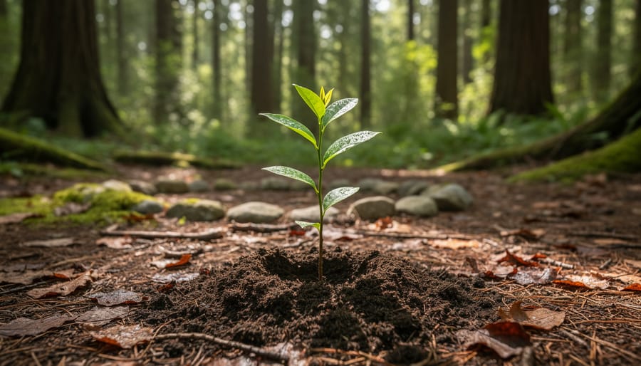 An Indigenous person holding a small sapling ready to be planted in forest soil.