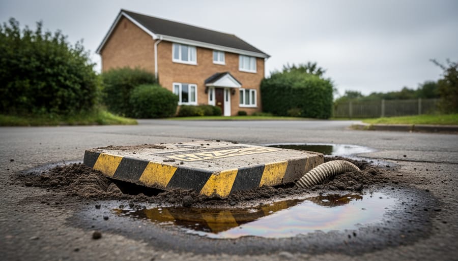 Foreground disturbed soil beside a UK residential property, suggesting hidden environmental hazards beneath the ground near an older home.