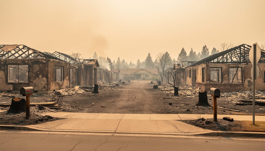 Charred buildings in a neighborhood with ash-covered ground after a wildfire