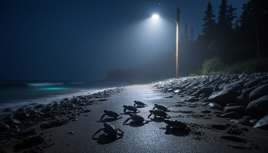 Sea turtle hatchlings silhouetted on a dark shoreline at night near a bright streetlight glow, suggesting how artificial light can misdirect wildlife.