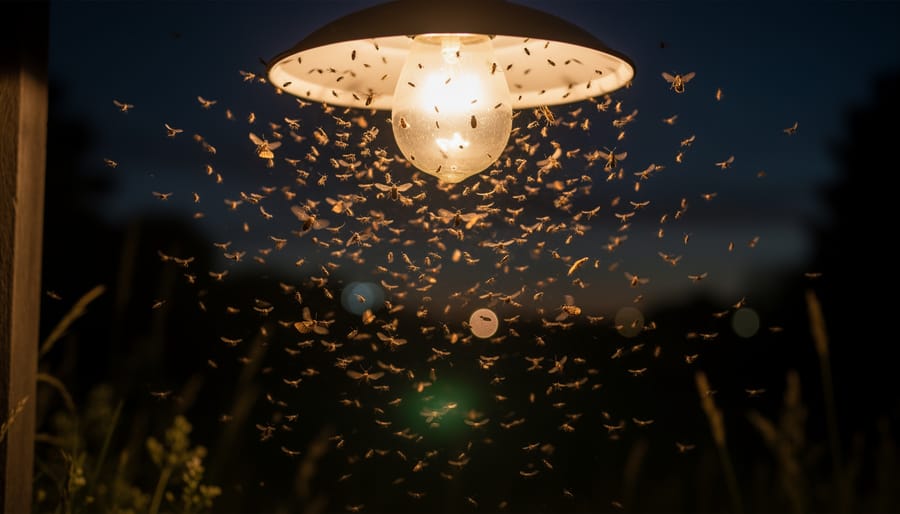 Moth resting on a leaf beside a bright porch light at night.