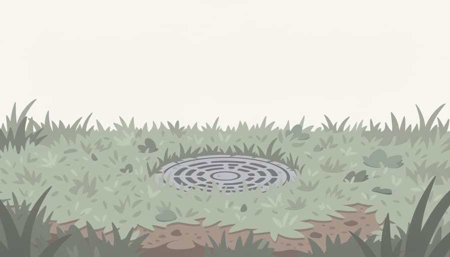 Overgrown garden ground with a closed access cover suggesting hidden contamination risk