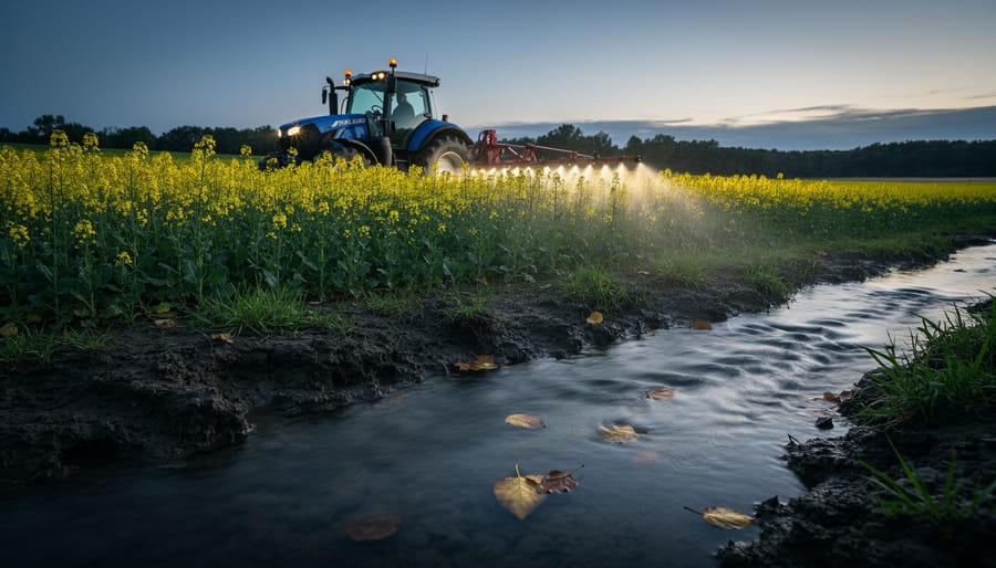 A tractor spraying mist over a Canadian canola field with a nearby stream edge in the foreground suggesting pesticide runoff toward waterways.