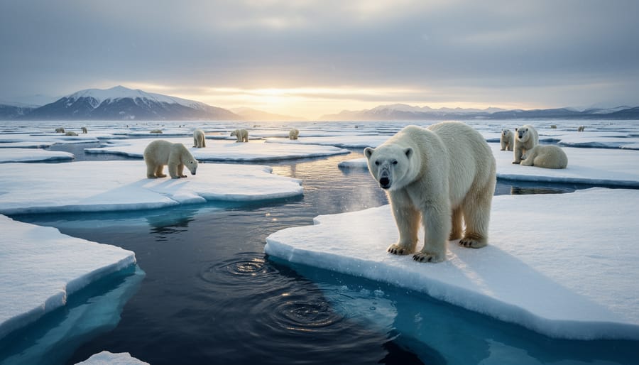 Polar bears on cracked sea ice in the Canadian Arctic.