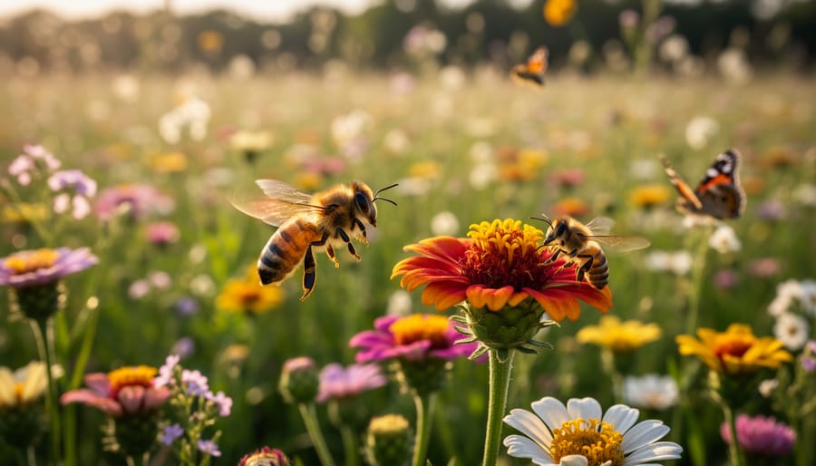Honeybee perched on a wildflower in a sunny meadow