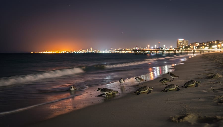 Night shoreline scene with wet sand and distant blurred coastal lights.