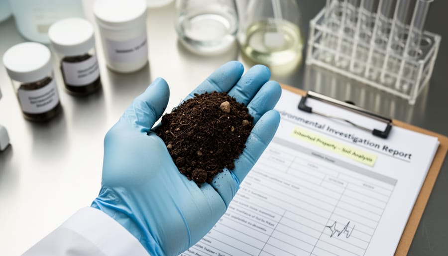 Gloved hand holding a soil sample for environmental testing