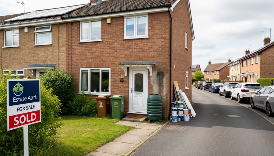 UK residential property exterior with damp soil near the foundation under an overcast sky