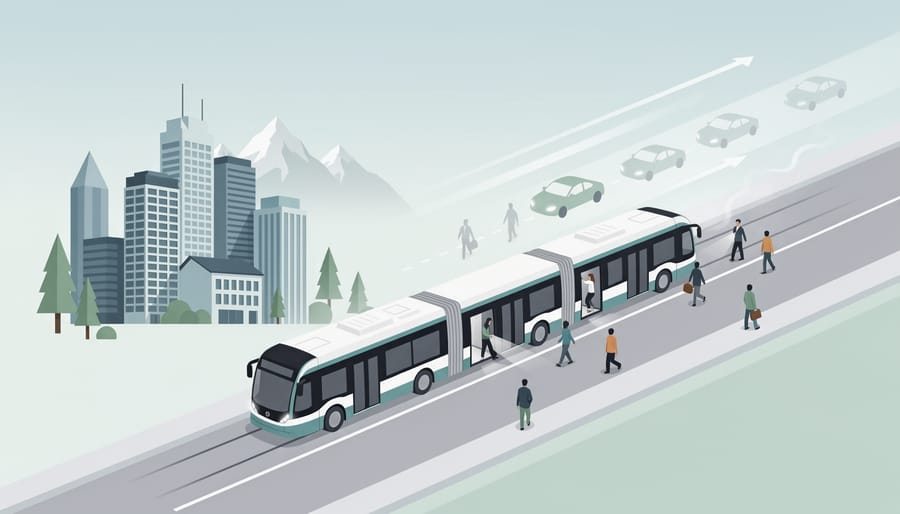 Urban street scene with public transit vehicles and evening lights in Canada.