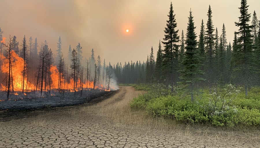 Wildfire smoke and embers rising from a burned forest in Canada.
