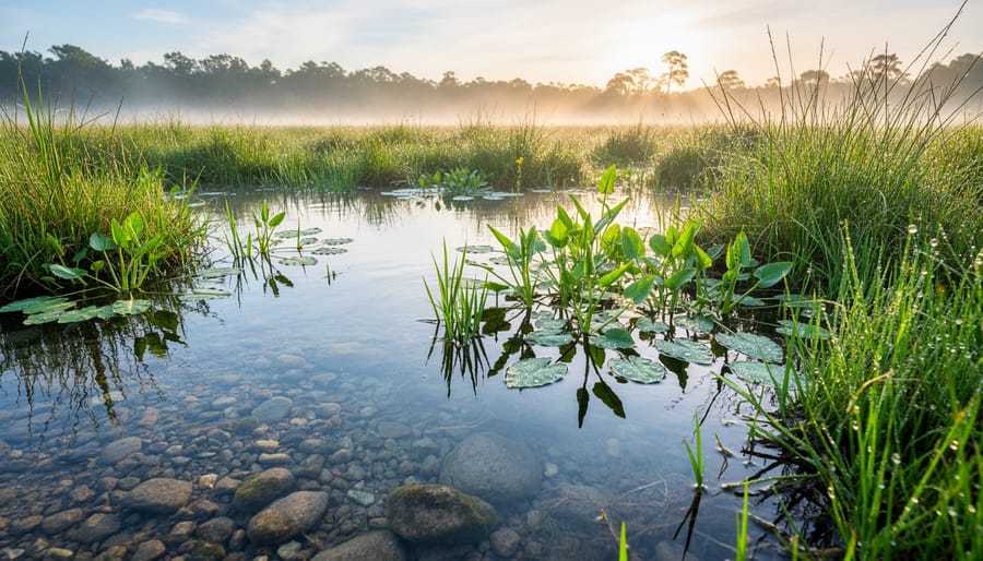A calm creek and wetland shoreline with aquatic plants and stones in clear water