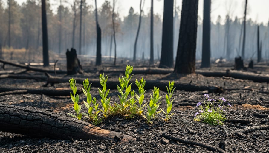 Charred forest trunks with early green regrowth after a wildfire in Canada