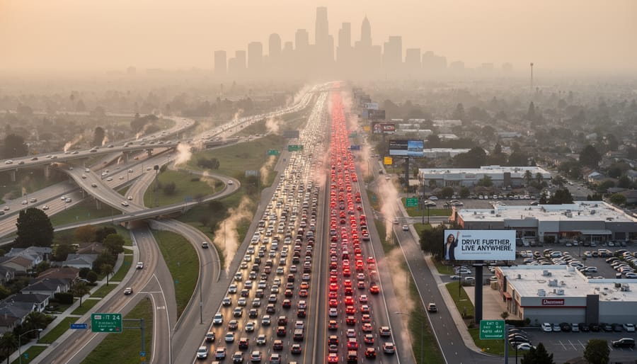 Low-angle view of a busy highway with cars and light trails at dusk