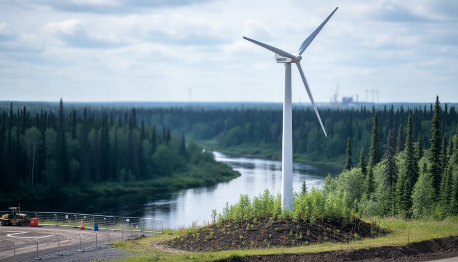 Wind turbine, restored native vegetation, and a river through a Canadian forest with distant project activity suggesting environmental mitigation and climate action.
