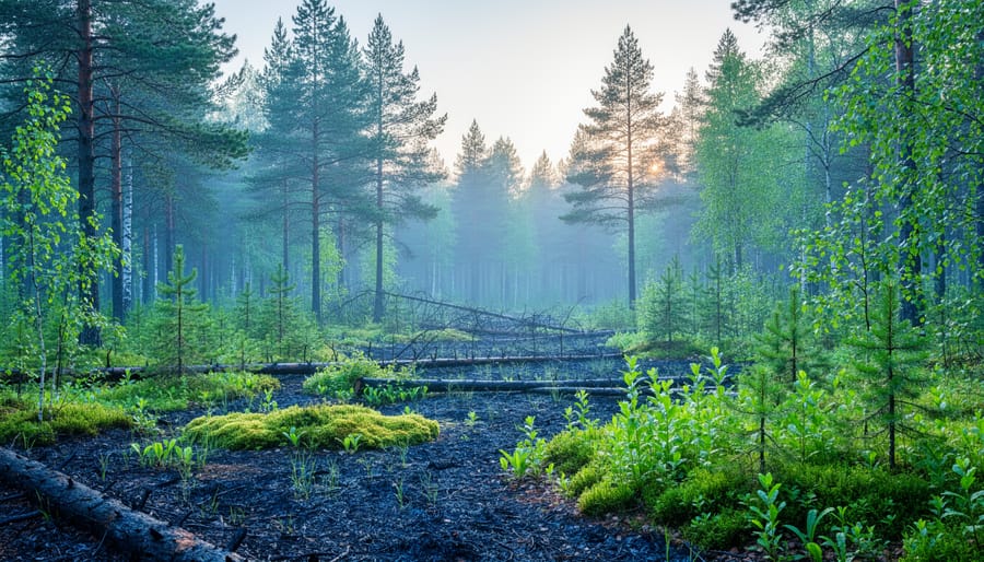 Dawn view of a recovering boreal forest with new saplings and moss growing over dark burned ground in a misty clearing.