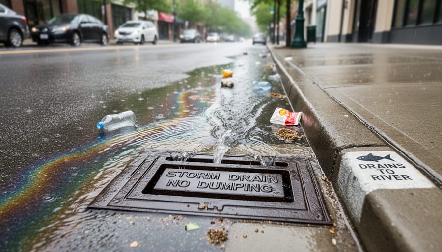 Rainwater runoff flowing from a paved parking lot toward a storm drain inlet