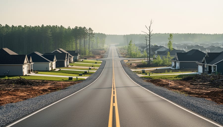 Ground-level view of a sprawling low-density suburb with a road and houses cutting through fragmented forest and farmland, illustrating urban sprawl’s impact on the environment.