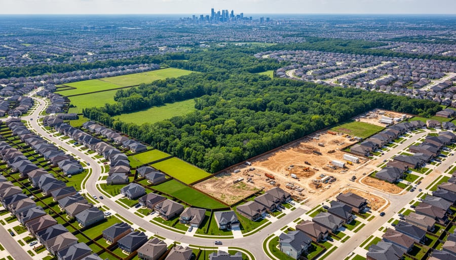 Wide view of a sprawling suburb with detached houses on large lots and a thinning tree line at the edge of development