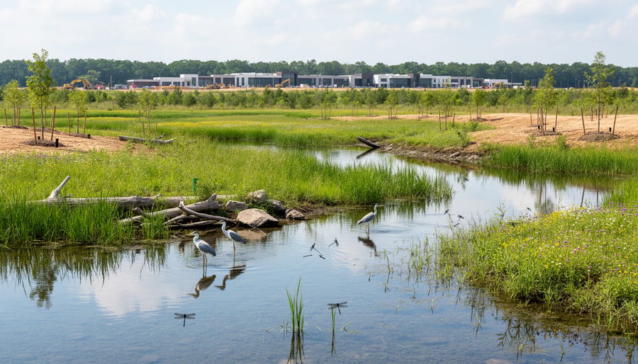 Wooden boardwalk over a restored wetland with reeds and shallow water at dawn