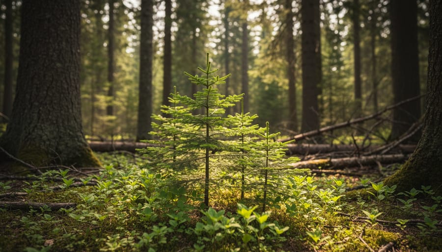 Young saplings growing in a Canadian forest understory with fresh green leaves