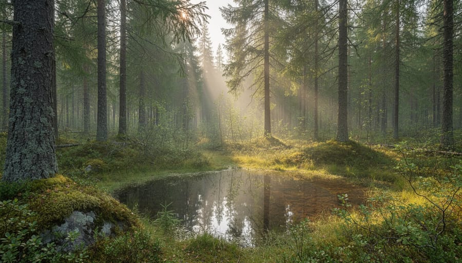 Sunlight filtering through tall boreal spruce trees in a Canadian forest.