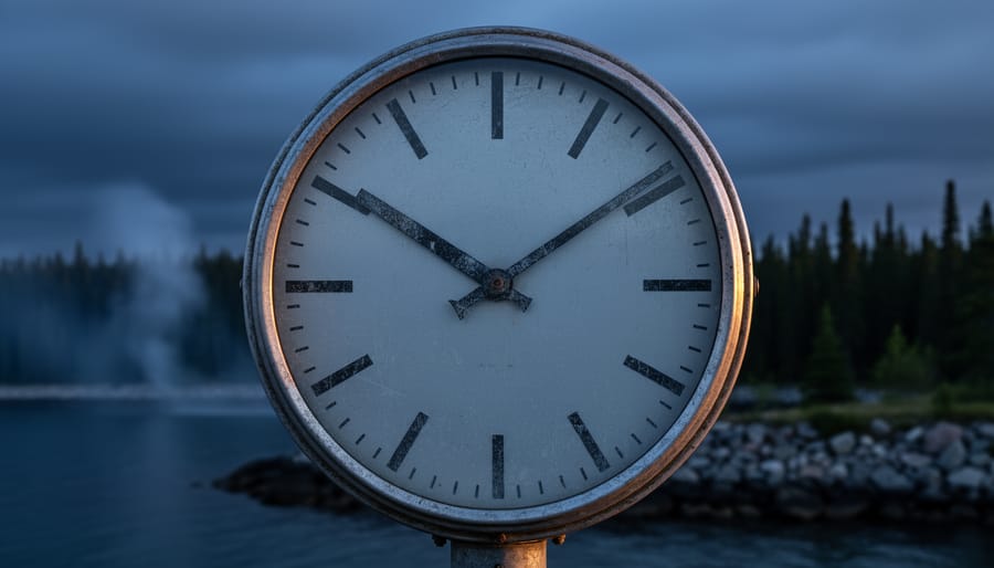 Weathered analog clock face in the foreground against a Canadian landscape at dusk with smoky haze and distant trees.