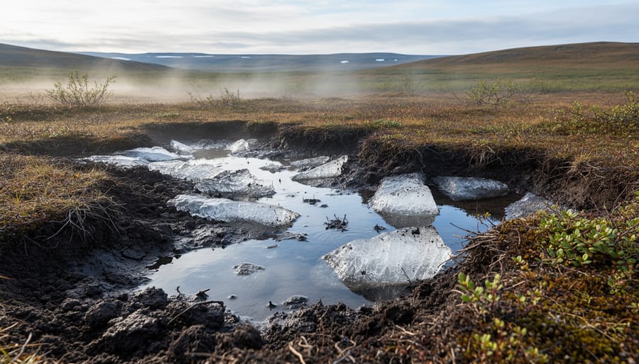 Close-up of thawed permafrost soil with waterlogged ground and exposed roots