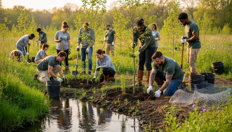 Volunteers planting native wildflowers on a waterfront trail during golden hour