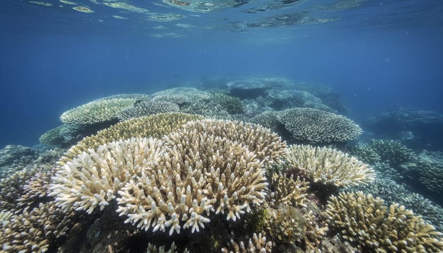 Underwater view of a coral reef with pale bleached coral near healthier coral patches in cool blue water.