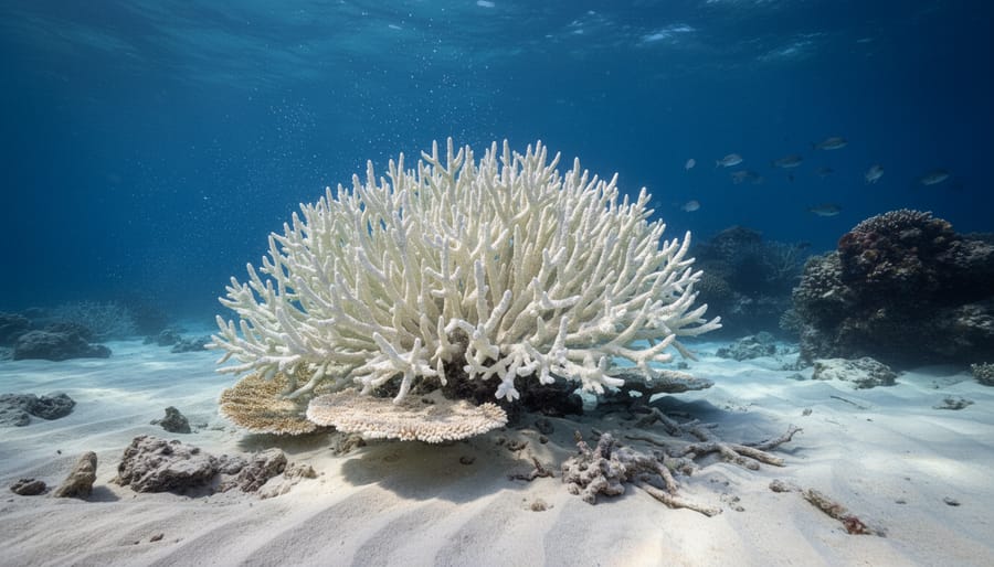 Diver’s-eye view of a coral reef with bleached white coral amid darker surviving coral