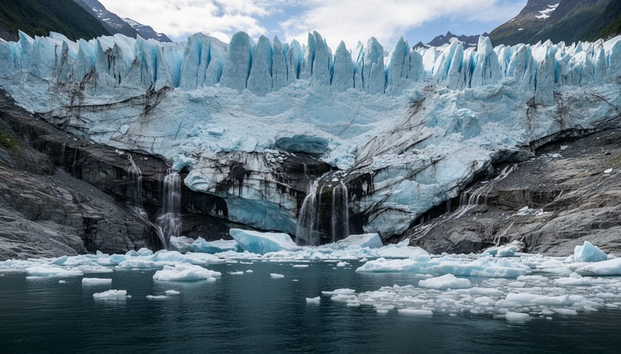 Low-angle view of a glacier front with cracks and meltwater streams