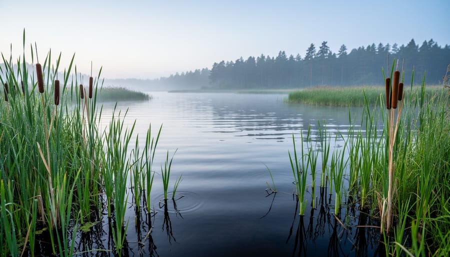 Coastal wetland with green reeds and reflective water under soft, overcast daylight, representing nature-based climate solutions.