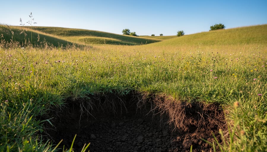 Sunrise view of rich soil and thriving plants in a regenerative farmland landscape.